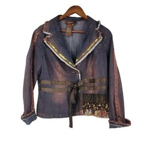 Chagall Womens Sz Large Denim Jacket Sequins Ribbon Tie Fray Edges